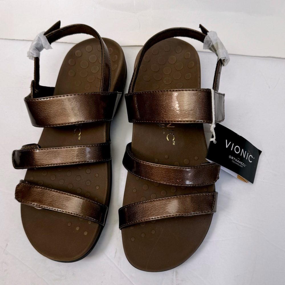Vionic NEW Teagan 3 Strap Patent Bronze Faux Leather Adjustable Sandals Slides 8 - Picture 4 of 16